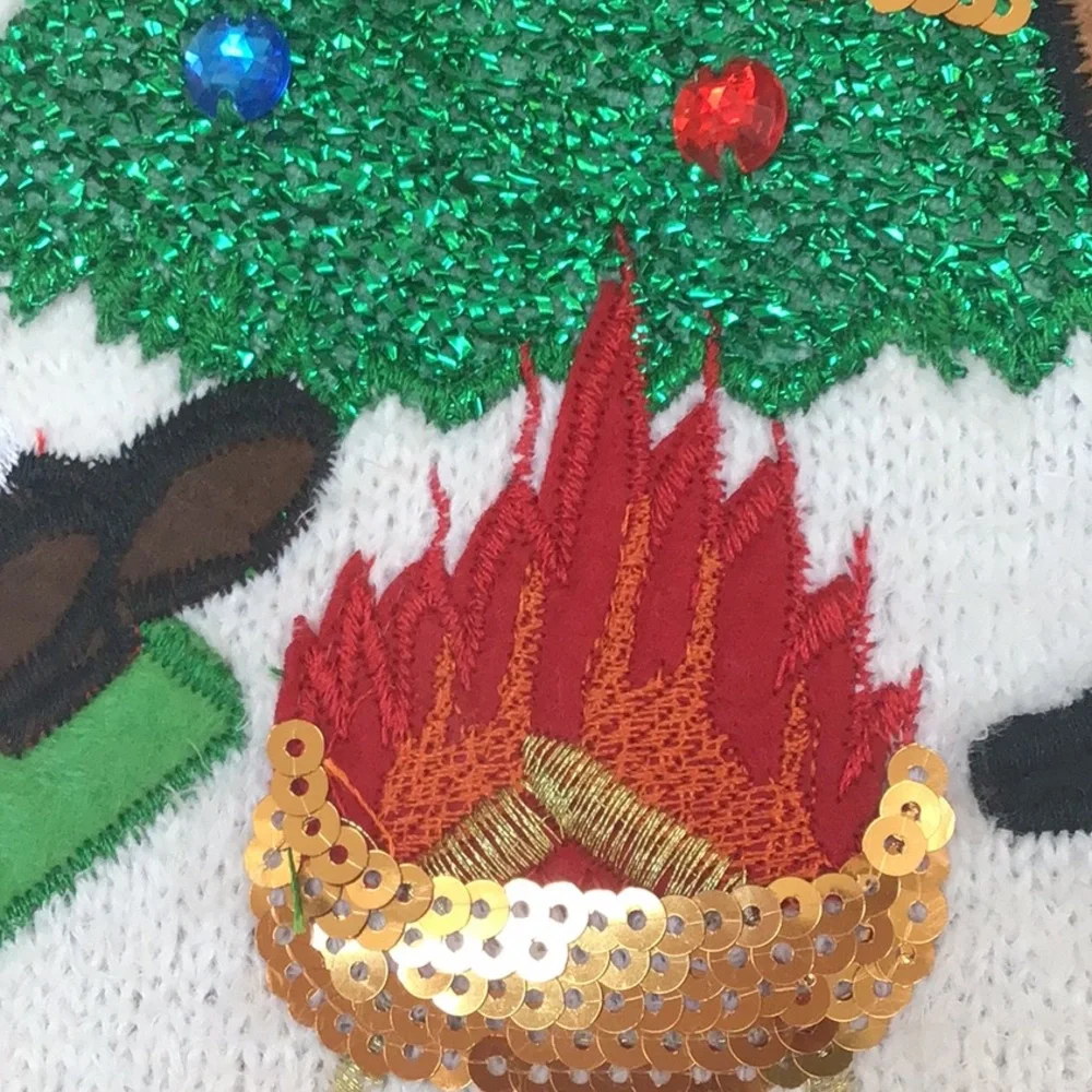 Merry & Bright Fuzzy Embroidered Santa Rudolph Camp Funny Ugly Christmas Sweater
